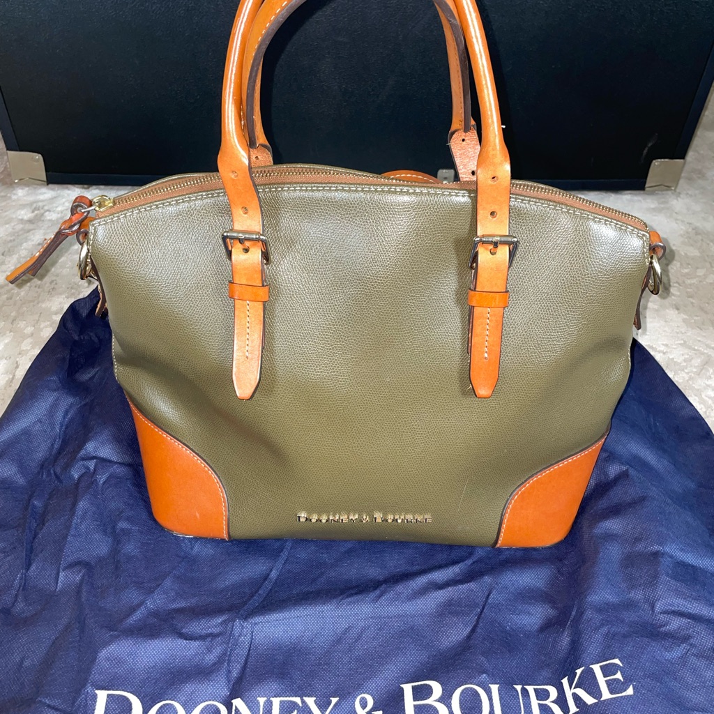 Dooney & Bourke Green And Tan Satchel With Leather Trim